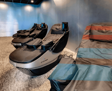 inside of cryolounge showing modern cryo chairs