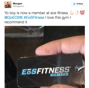 EOS Fitness Twitter review. Yo boy is now a member at eos fitness @goeosfit #EoSFitness I love this gym I recommend it