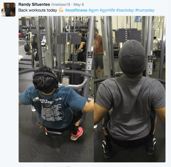 Randy Sifuentes @rekless18 on May 9. Back workouts today #eosfitness #gym #gymlife #humpday