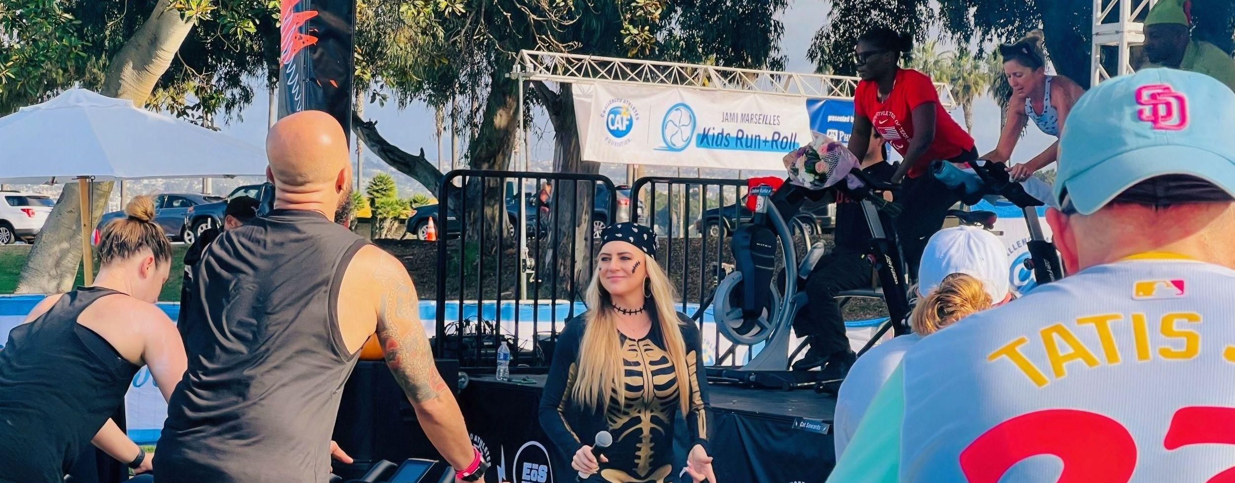 group of eos members outside in fun Halloween outfits 