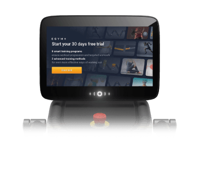 A smart strength equipment screen showing an offer for a 30-day free trial of advanced training programs