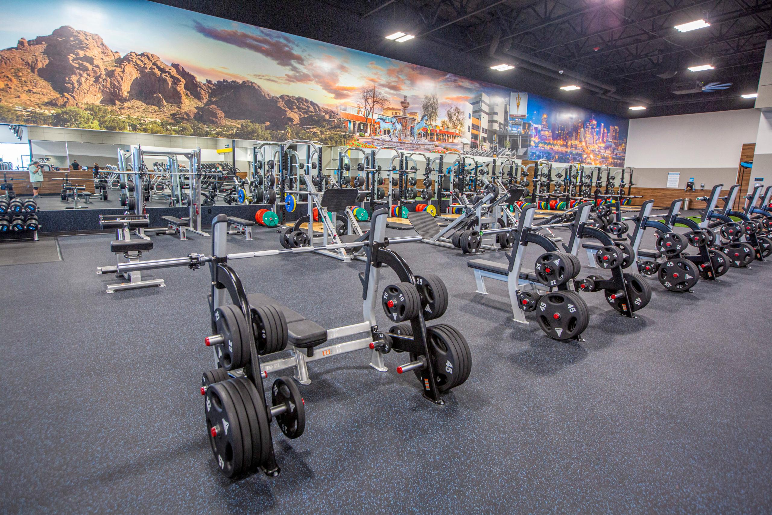a wide shot of the inside of an eos gym showing off modern strength equipment
