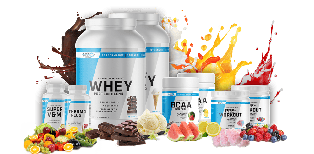 dynamic shot of a group of different fitness supplements and powders