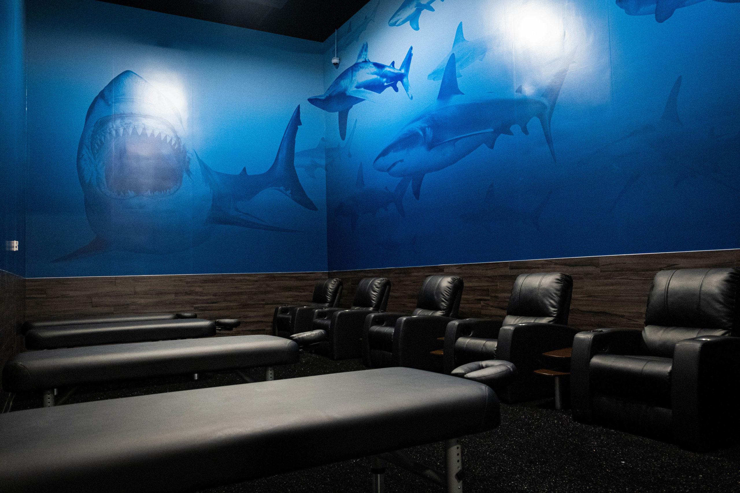 a shark themed room with massage chairs and stretch tables