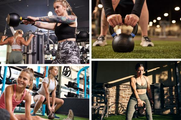 group shot of many different kettlebell exercises being performed by many different eos gym members