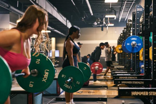 eos gym members doing barbell workouts on modern platforms
