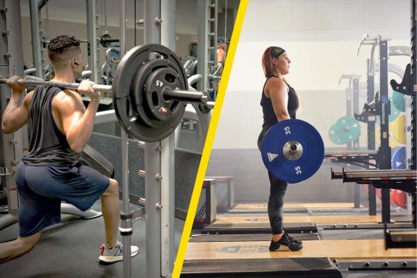 eos gym members doing barbell workouts on platforms and smith machine