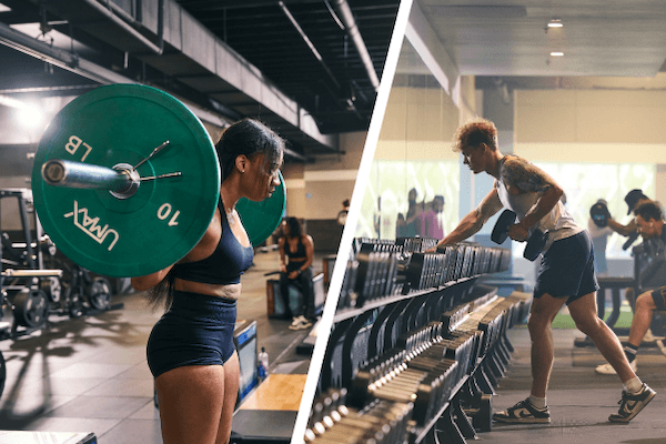 eos gym members doing back and leg workouts on barbells and dumbbells