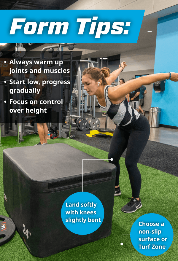 graphic which shows form tips for plyo box exercises