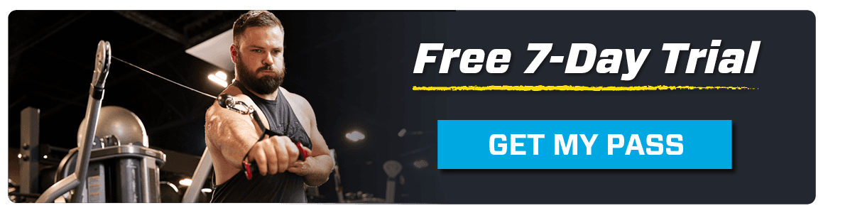 eos gym member pushing cable machine on seven day free trial