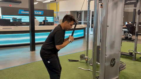 eos fitness member doing cable tricep push downs