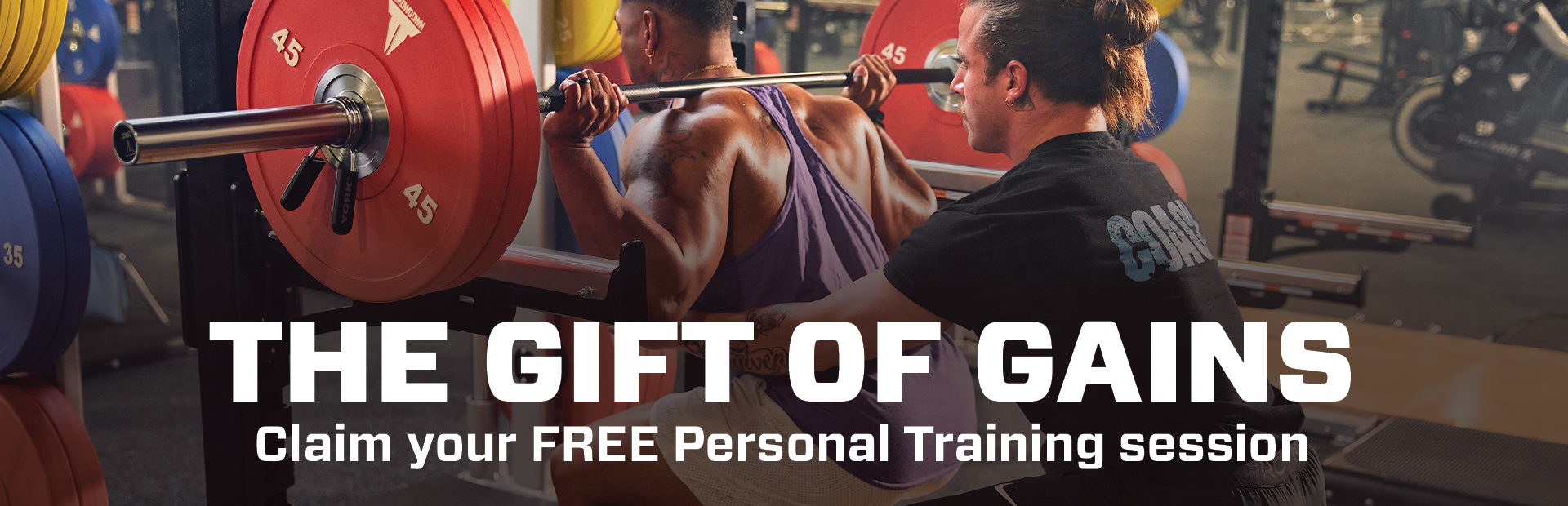 banner graphic of eos fitness member squatting with the gift of gains pt promo