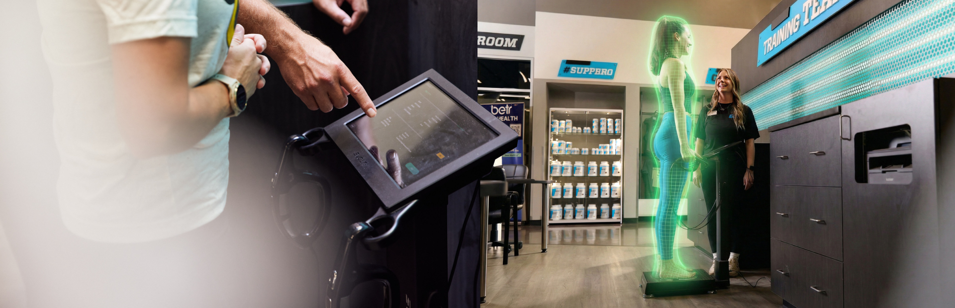 evolt promo banner showing eos gym members getting scanned on the machine