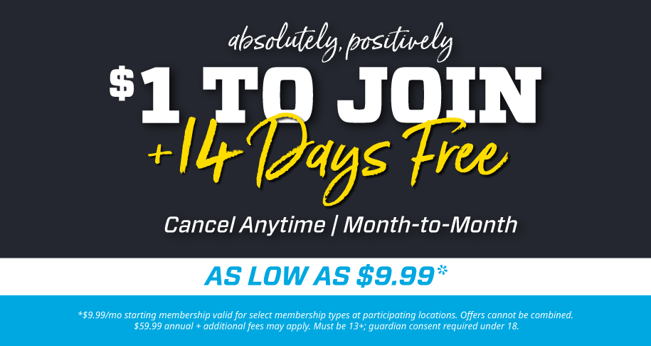 graphic showing eos fitness 1 dollar and 14 days free to join promo